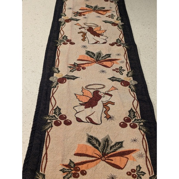 Other - Christmas Tapestry‎ Table Runner 54 x 12 Angels Holly Bow Beige Blue Gold Tassel